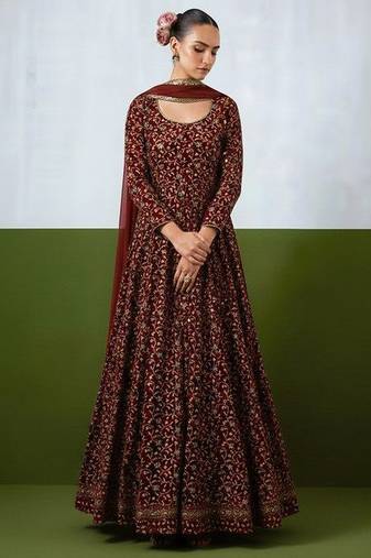 Maroon embroidered silk anarkali set