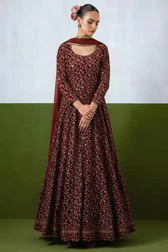 Maroon embroidered silk anarkali set