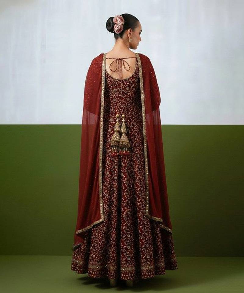 Maroon embroidered silk anarkali set