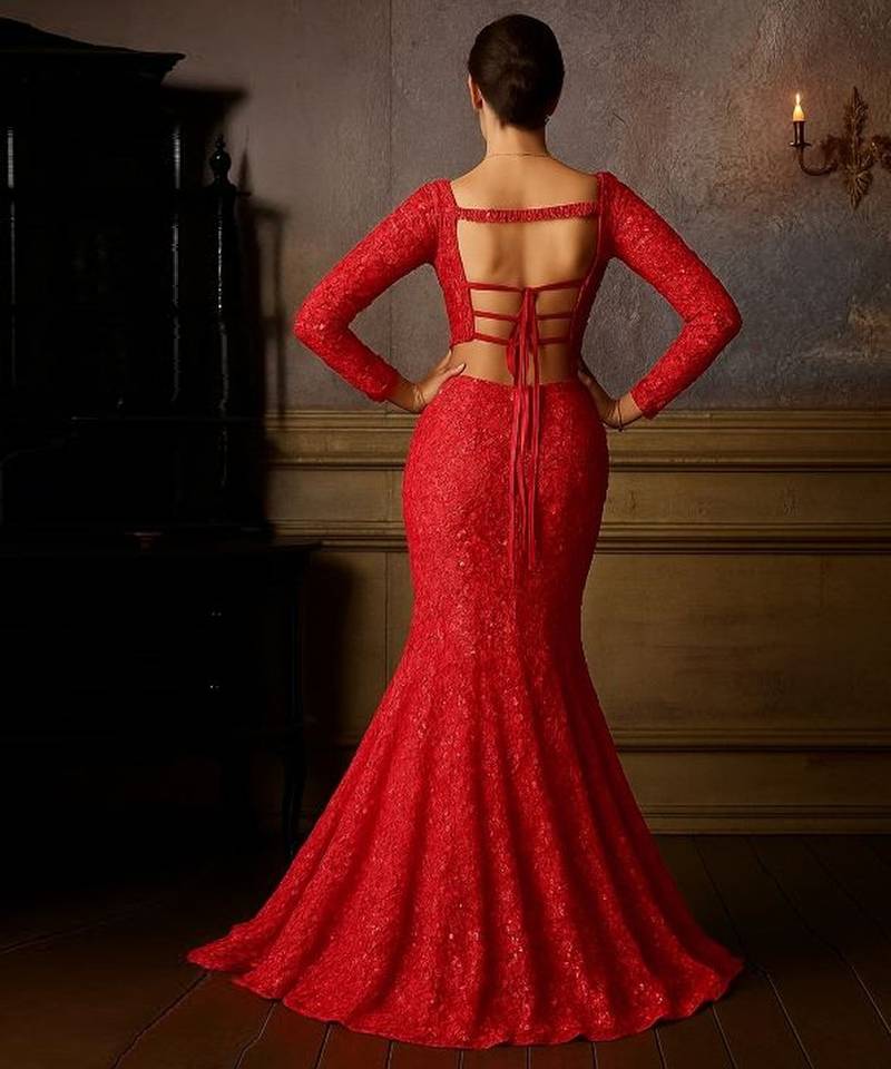 Red embroidered net fusion set