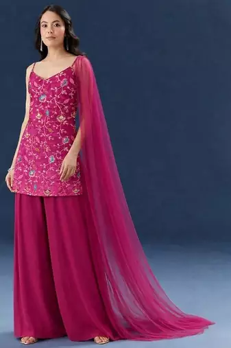 Pink embroidered silk sharara set