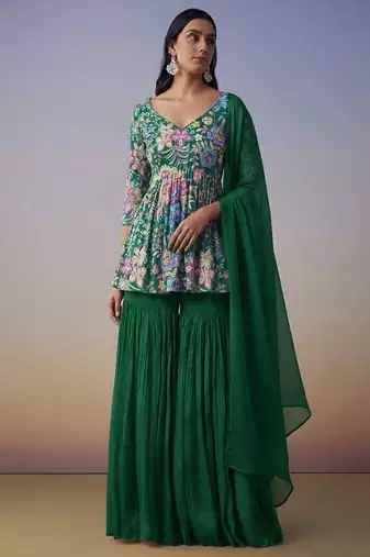 Green printed chinon sharara set