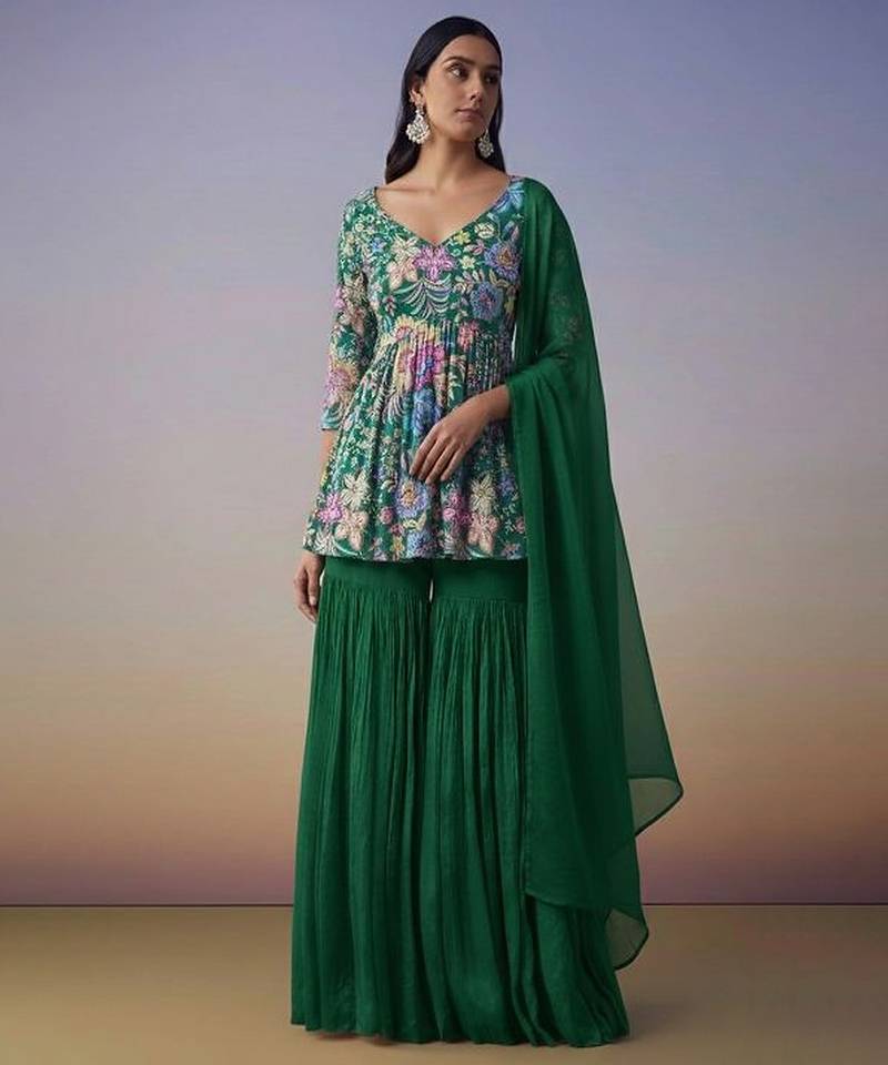 Green printed chinon sharara set