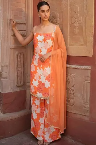 Orange printed silk kurta set