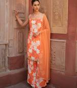 Orange printed silk kurta set