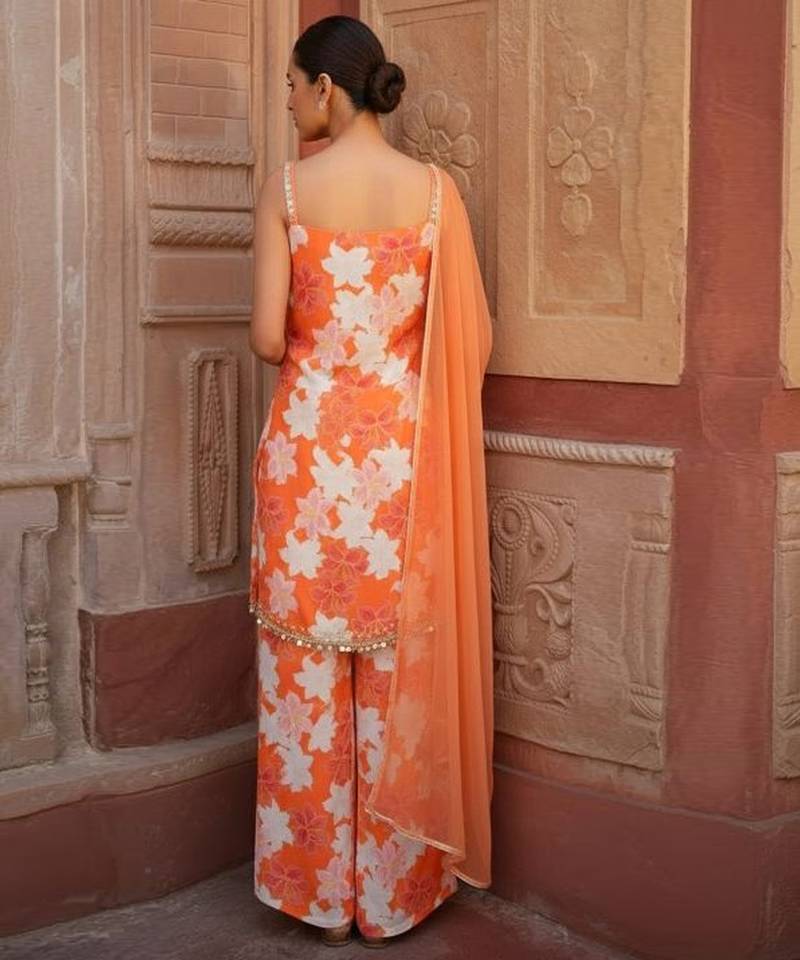 Orange printed silk kurta set