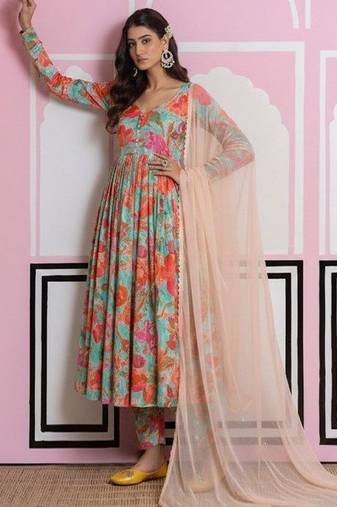 Multicolor printed crepe anarkali set