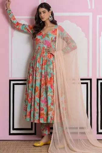 Multicolor printed crepe anarkali set
