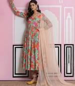 Multicolor printed crepe anarkali set
