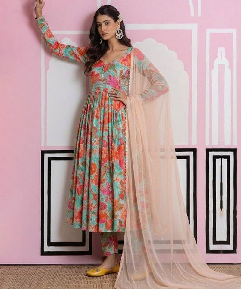 Multicolor printed crepe anarkali set