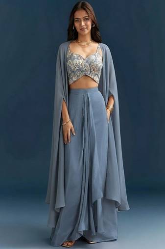 Blue printed jacquard co ord set