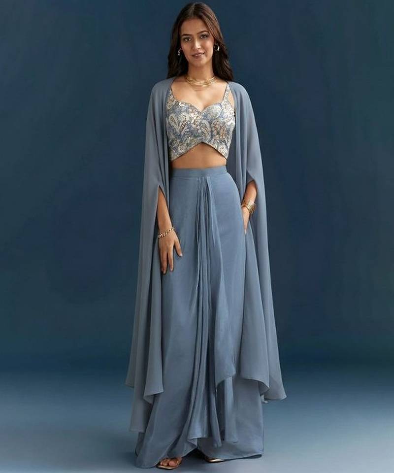 Blue printed jacquard co ord set