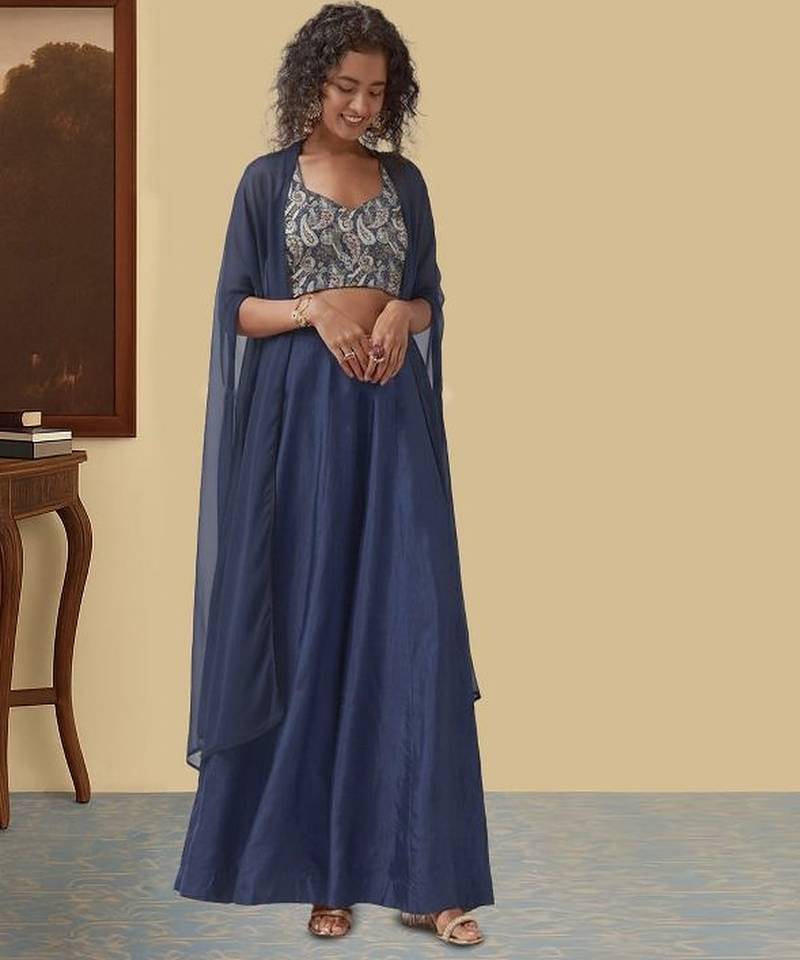 Navy blue printed jacquard co ord set