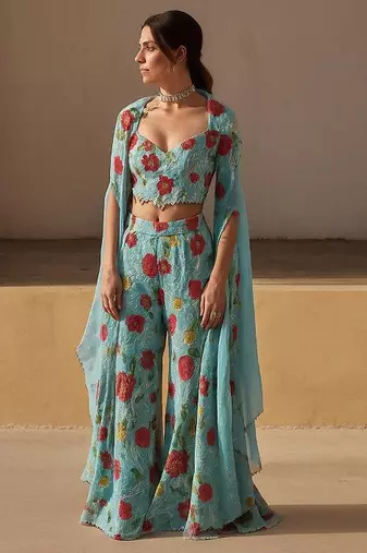 Blue printed organza co ord set