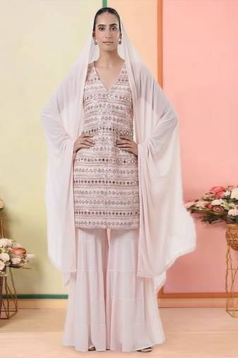 Peach embroidered georgette sharara set