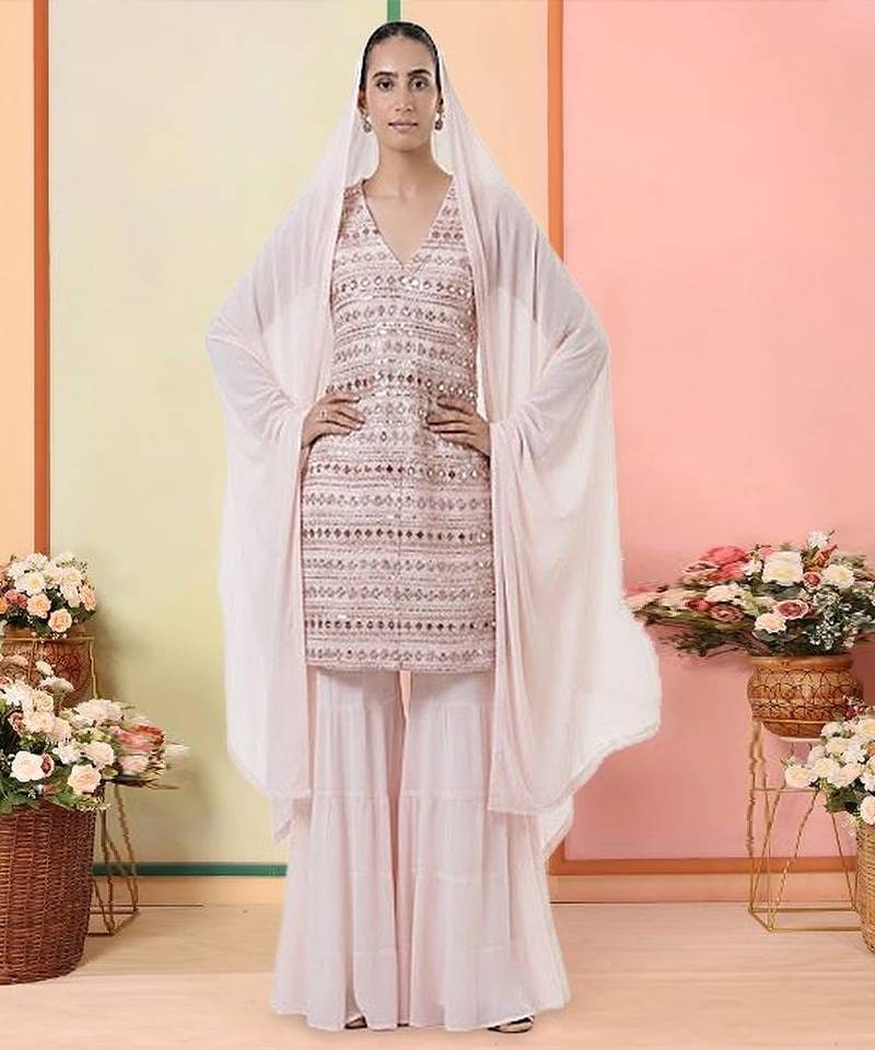 Peach embroidered georgette sharara set