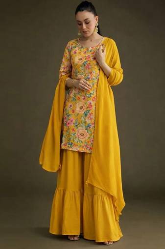 Yellow printed crepe sharara set