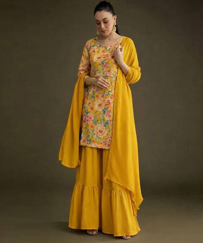 Yellow printed crepe sharara set
