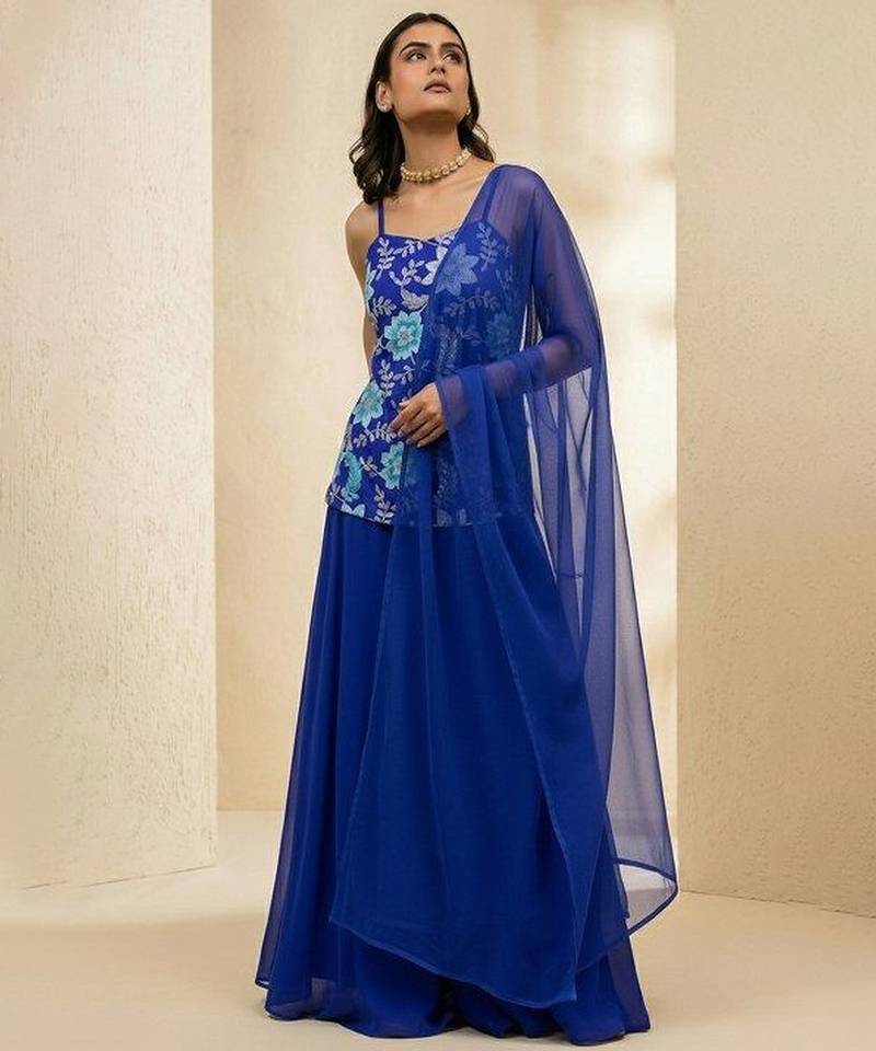 Blue printed crepe sharara set