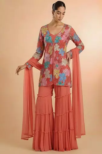 Peach embroidered crepe sharara set
