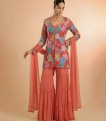 Peach embroidered crepe sharara set