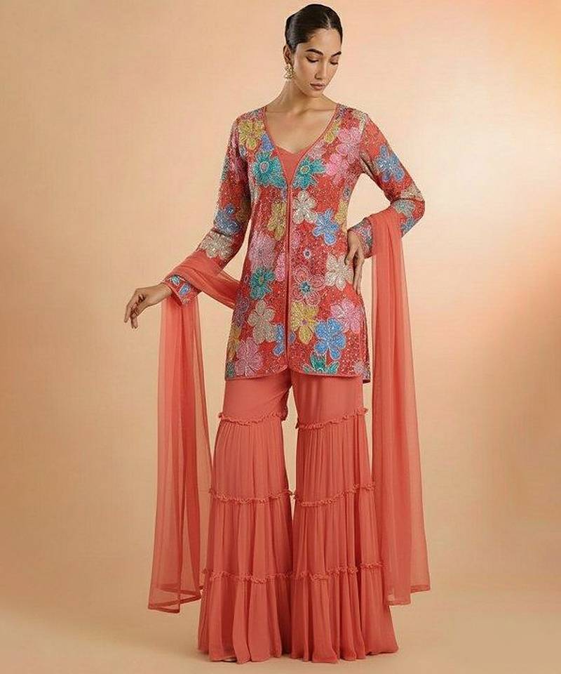 Peach embroidered crepe sharara set
