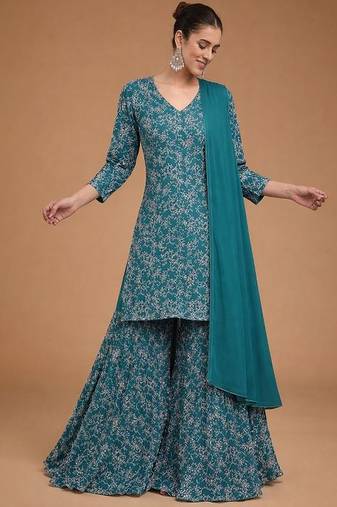 Teal-blue embroidered crepe sharara set
