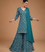 Teal-blue embroidered crepe sharara set