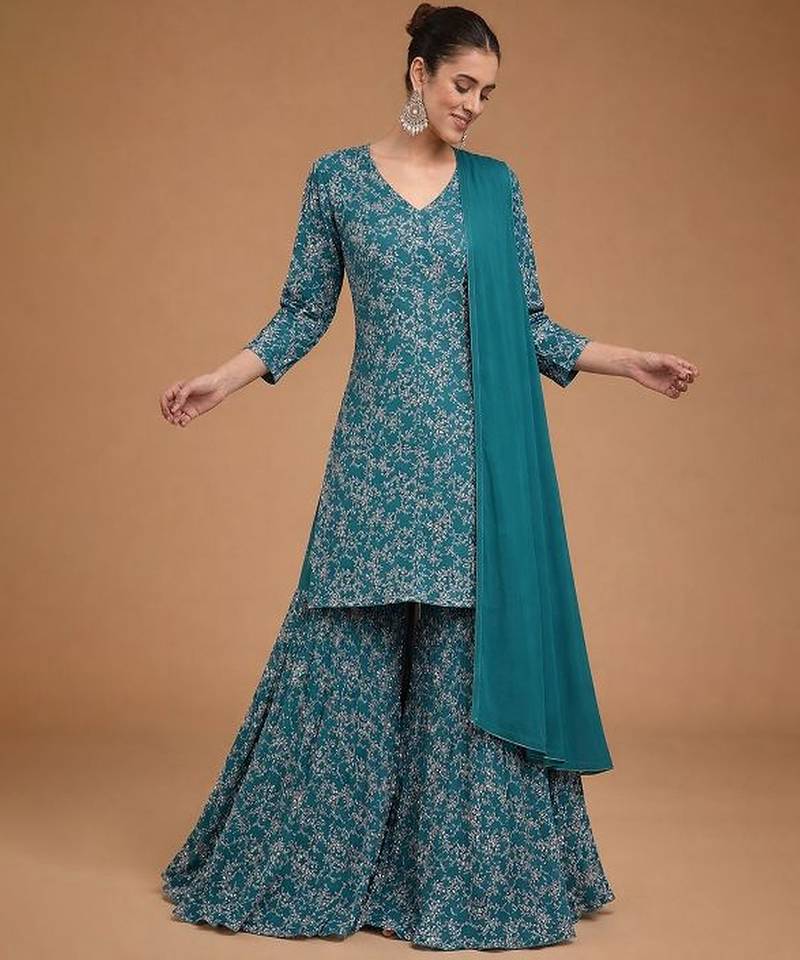 Teal-blue embroidered crepe sharara set