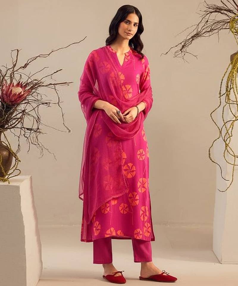 Pink printed georgette kurta set
