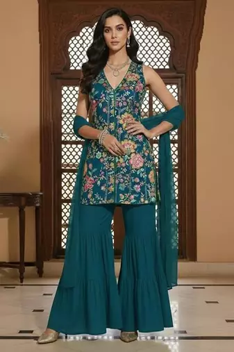 Teal blue printed crepe sharara set