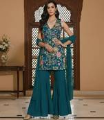Teal blue printed crepe sharara set
