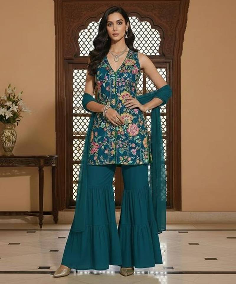Teal blue printed crepe sharara set