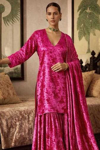 Pink woven velvet sharara set