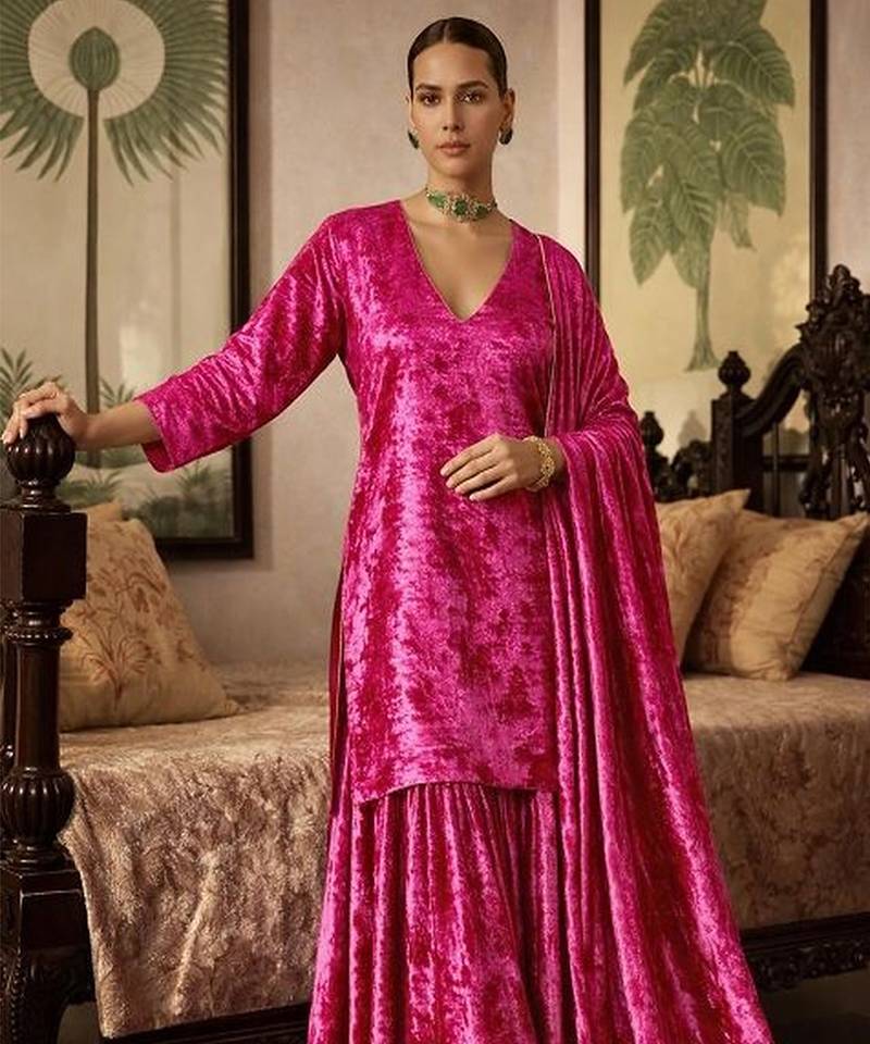 Pink woven velvet sharara set