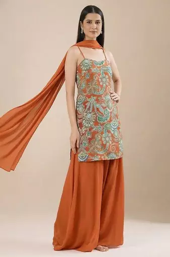 Orange printed georgette sharara set