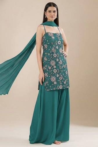 Teal blue printed georgette sharara set