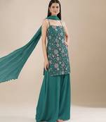 Teal blue printed georgette sharara set