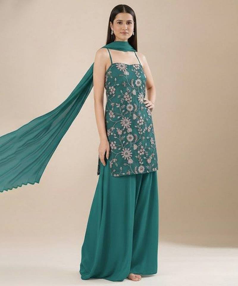 Teal blue printed georgette sharara set