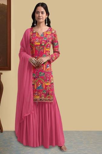 Pink printed crepe sharara set