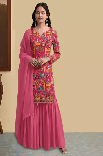 Pink printed crepe sharara set