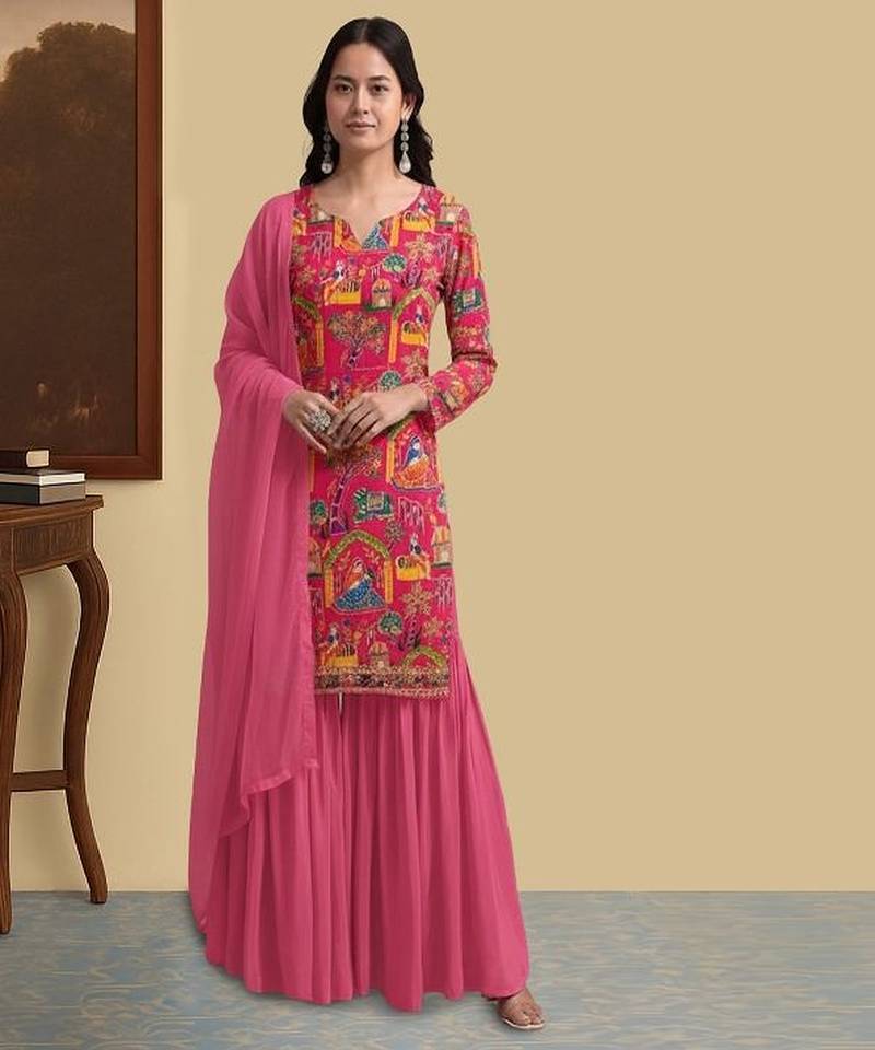 Pink printed crepe sharara set