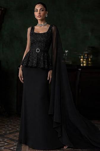Black embroidered net fusion wear