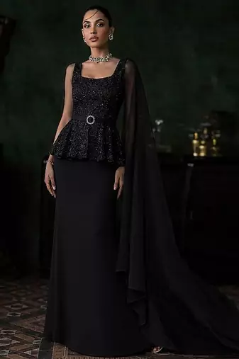 Black embroidered net fusion wear