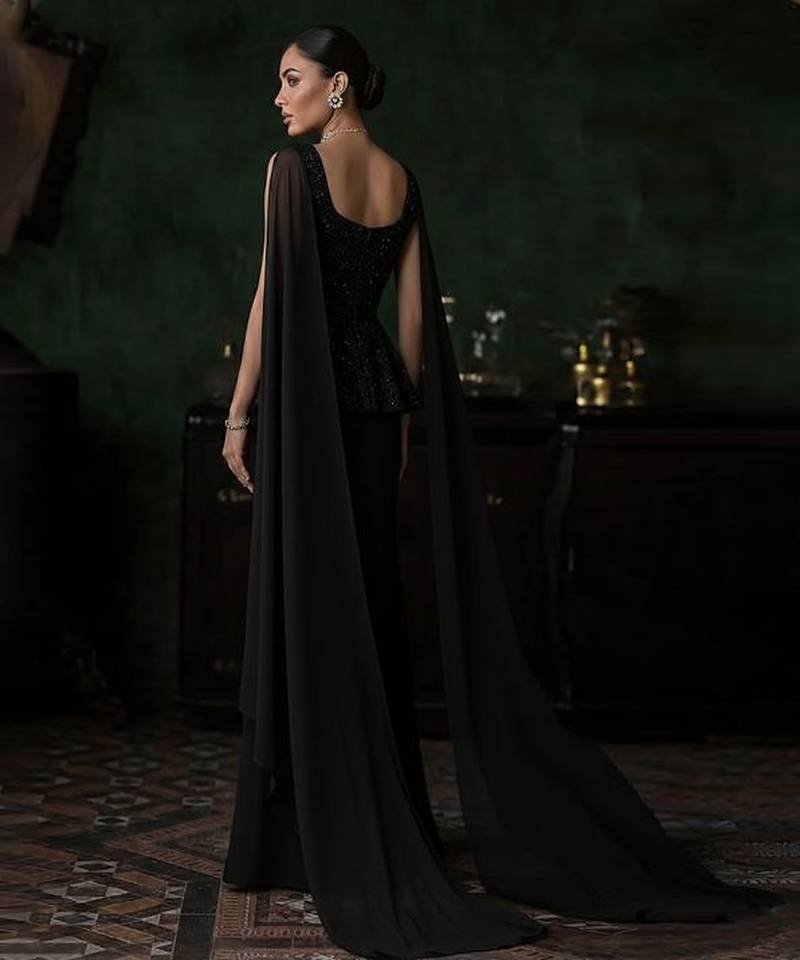 Black embroidered net fusion wear