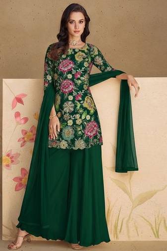 Green embroidered crepe sharara set