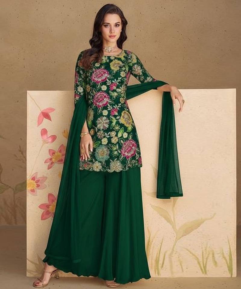 Green embroidered crepe sharara set