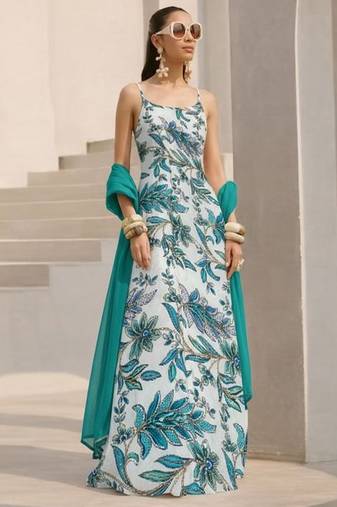 Ivory printed crepe anarkali set