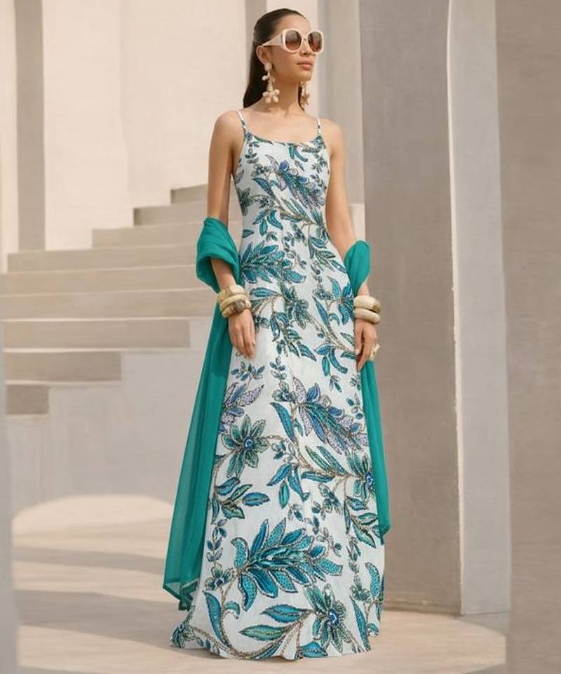 Ivory printed crepe anarkali set