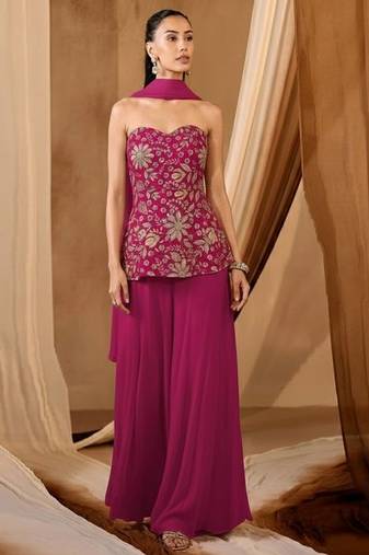 Pink embroidered crepe sharara set